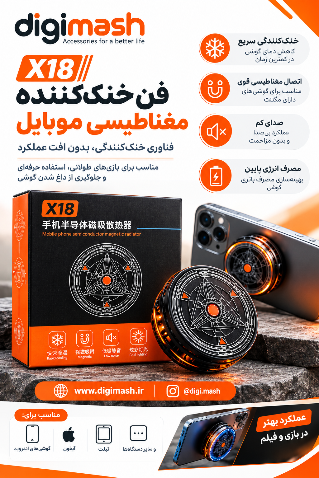 فن خنک کننده موبایل مغناطیسی_رادیاتوری  مدل x18