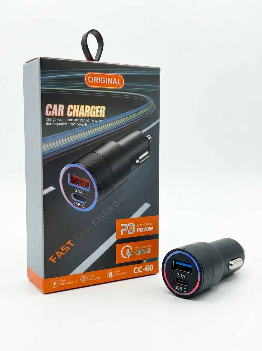 شارژر فندکی دو پورت PD + QC3.0
