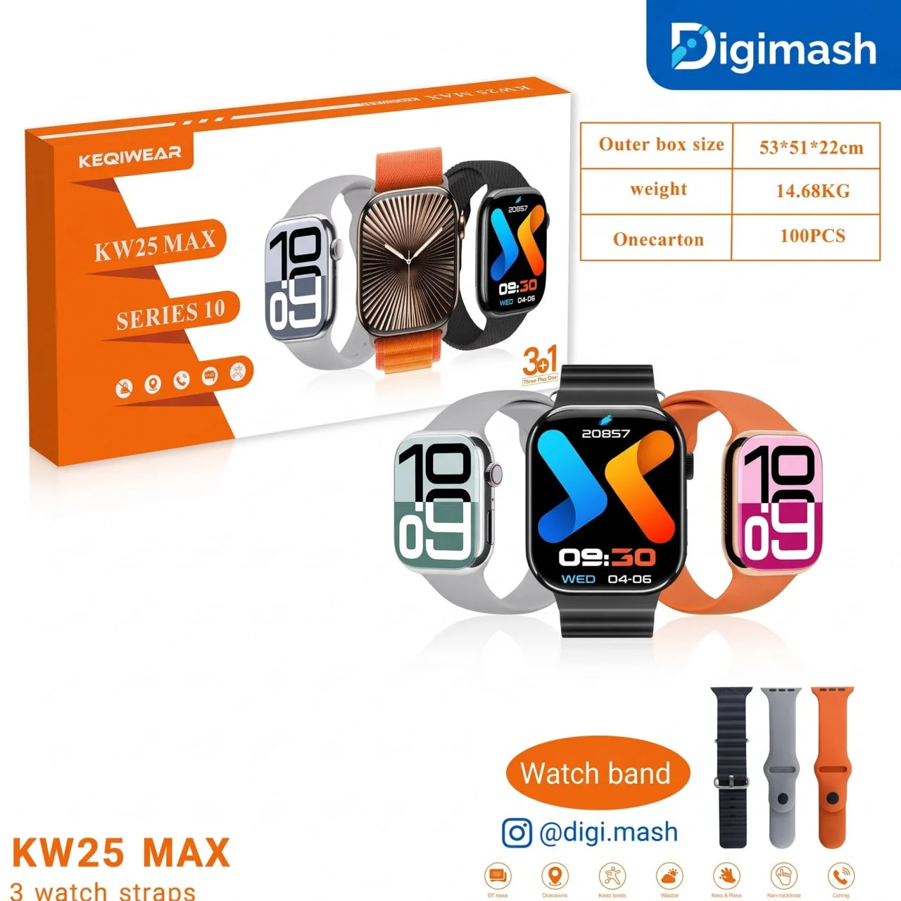 ساعت هوشمند KW25 MAX سری 10 (با ۳ بند)