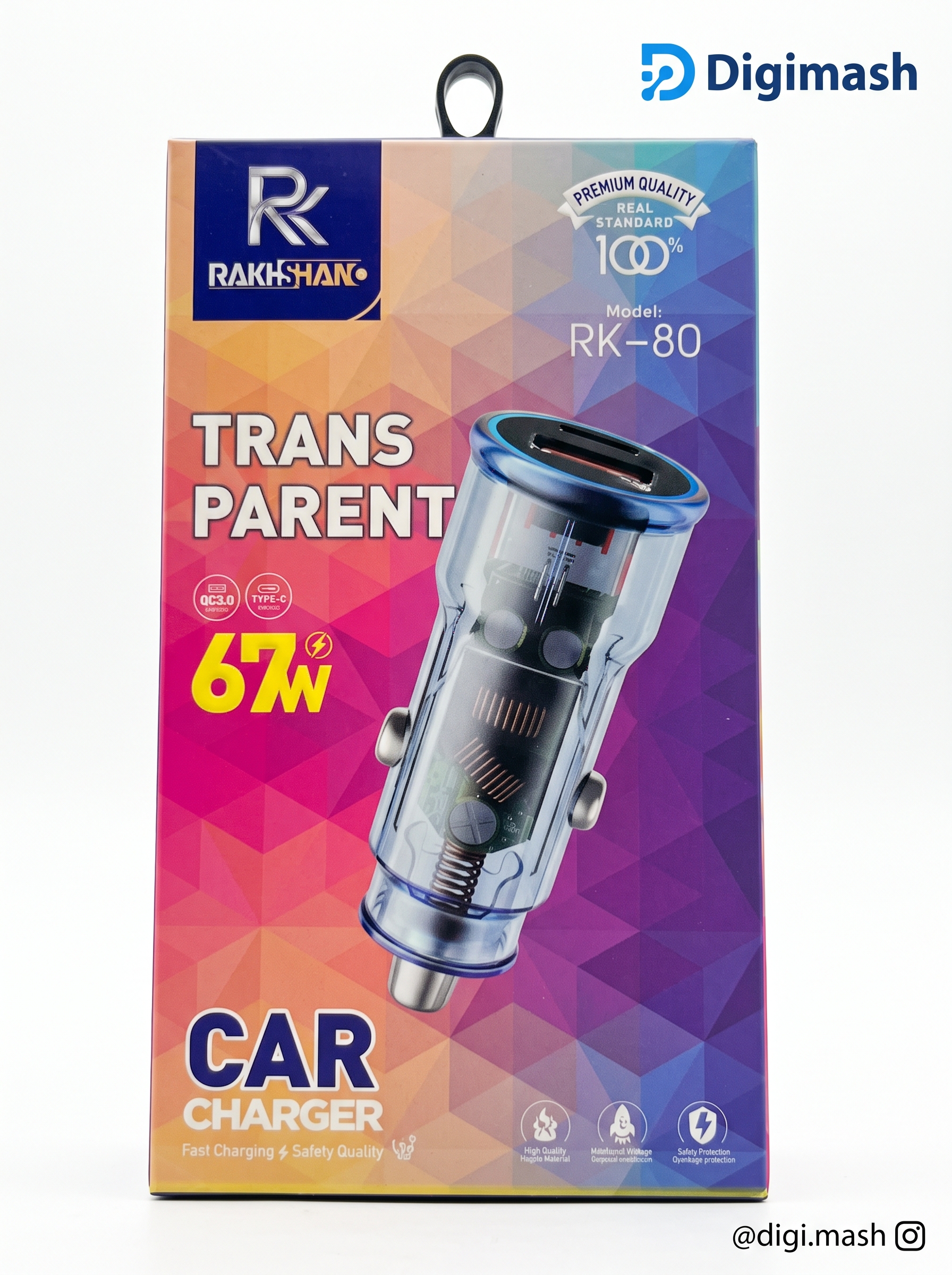 شارژر فندکی رخشـان RK-80 | ۶۷ وات + PD + QC 3.0 + طراحی شفاف | خرید با ضمانت