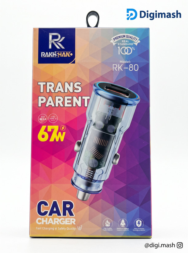 شارژر فندکی رخشـان RK-80 | ۶۷ وات + PD + QC 3.0 + طراحی شفاف | خرید با ضمانت